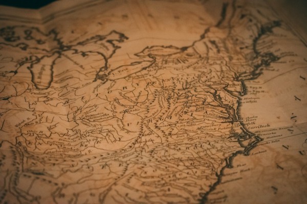 Close view of an antique map of eastern North America