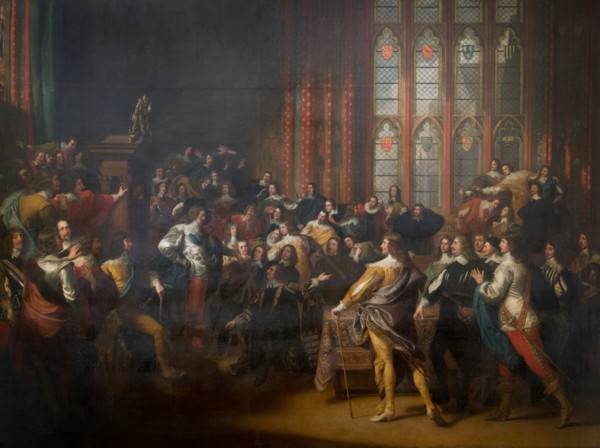 A seventeenth-century political assembly gathered in a panelled hall